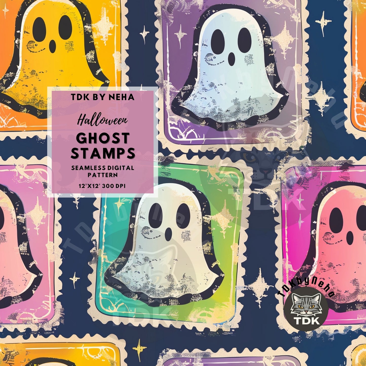 Halloween Neon Ghost Stamps Seamless JPG