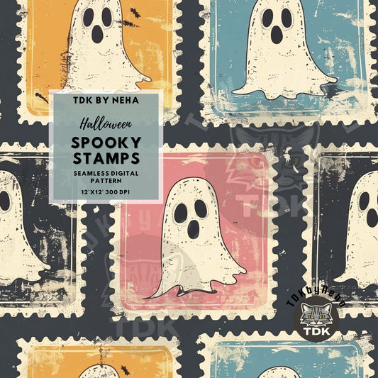 Halloween Retro Spooky Ghost Stamps Seamless JPG