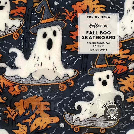 Halloween Fall Boos on Skateboard Ghosts Seamless JPG