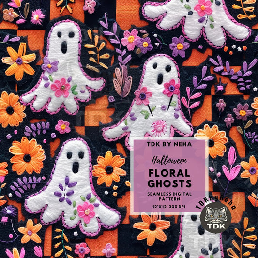 Halloween Fall Retro Floral Ghosts Ghosts Seamless JPG