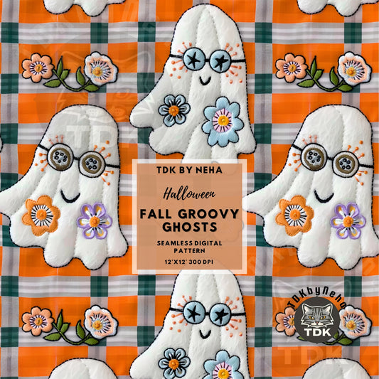 Halloween Fall Groovy Checkered Ghosts Seamless JPG