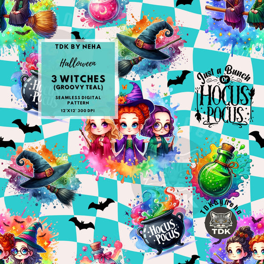 Instant Download Halloween 3 Witches Seamless JPG (Groovy Teal)