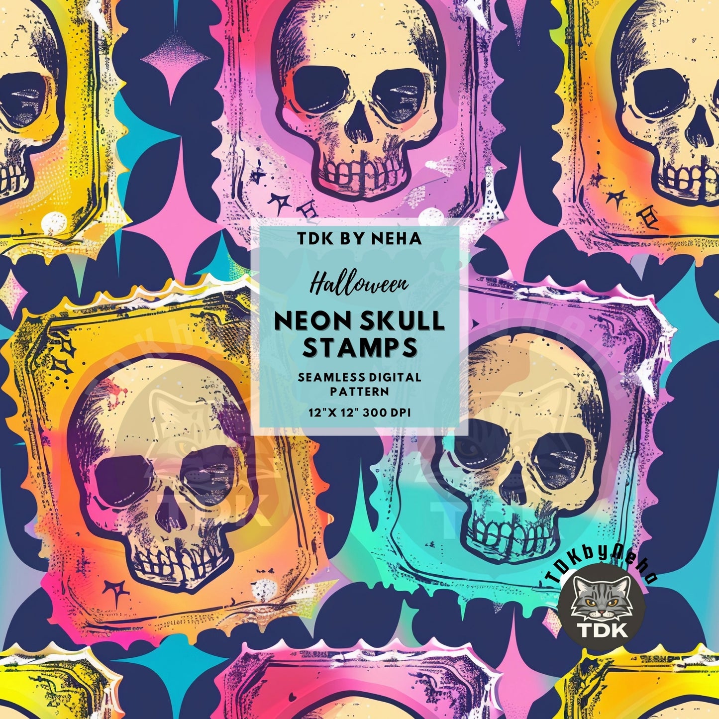 Halloween Neon Skull Stamps Seamless JPG