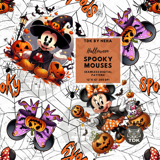 Instant Download Halloween Mouse Seamless Digital Paper for Fabric Print, Spooky Magical Mouse Seamless Repeat Sublimation Design (White)