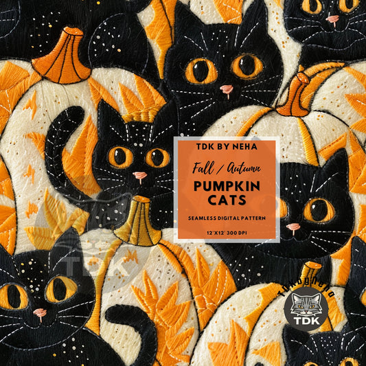 Halloween Fall Pumpkin Black Cats Seamless JPG