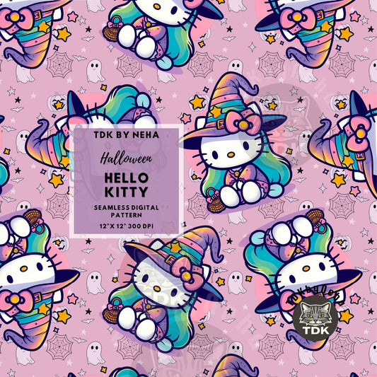 Instant Download Halloween Witchy Kitty Seamless Digital Paper for Fabric Print (Pink)