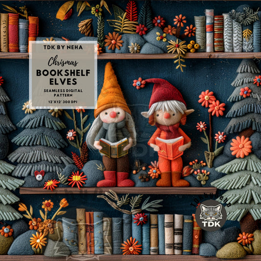 Christmas Reading Bookish Elves / Gnomes Seamless JPG