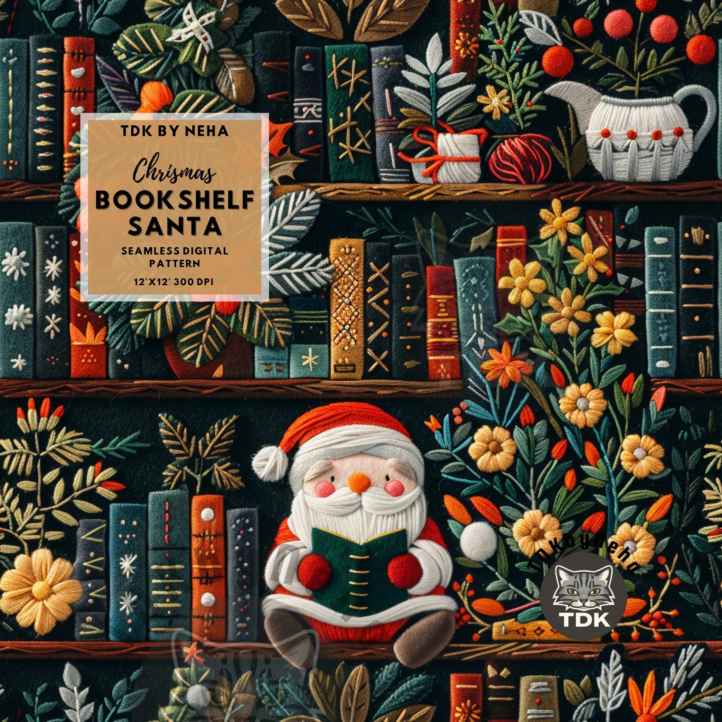 Christmas Reading Bookish Santa Claus Seamless JPG