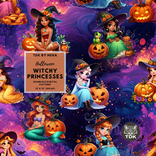 Instant Download Halloween Witchy Princesses Seamless Digital Paper for Fabric Print