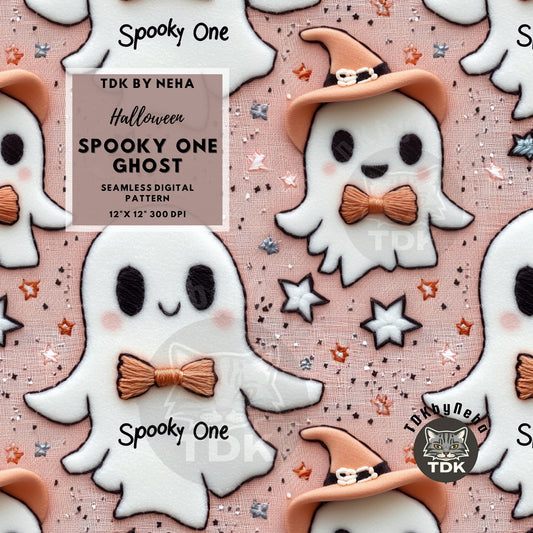 Halloween Spooky Pastel Pink Ghost with Bow Seamless JPG