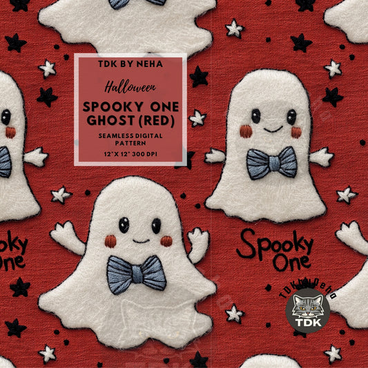 Halloween Spooky One Boy Ghost with Bow Neutral Seamless JPG (Red)