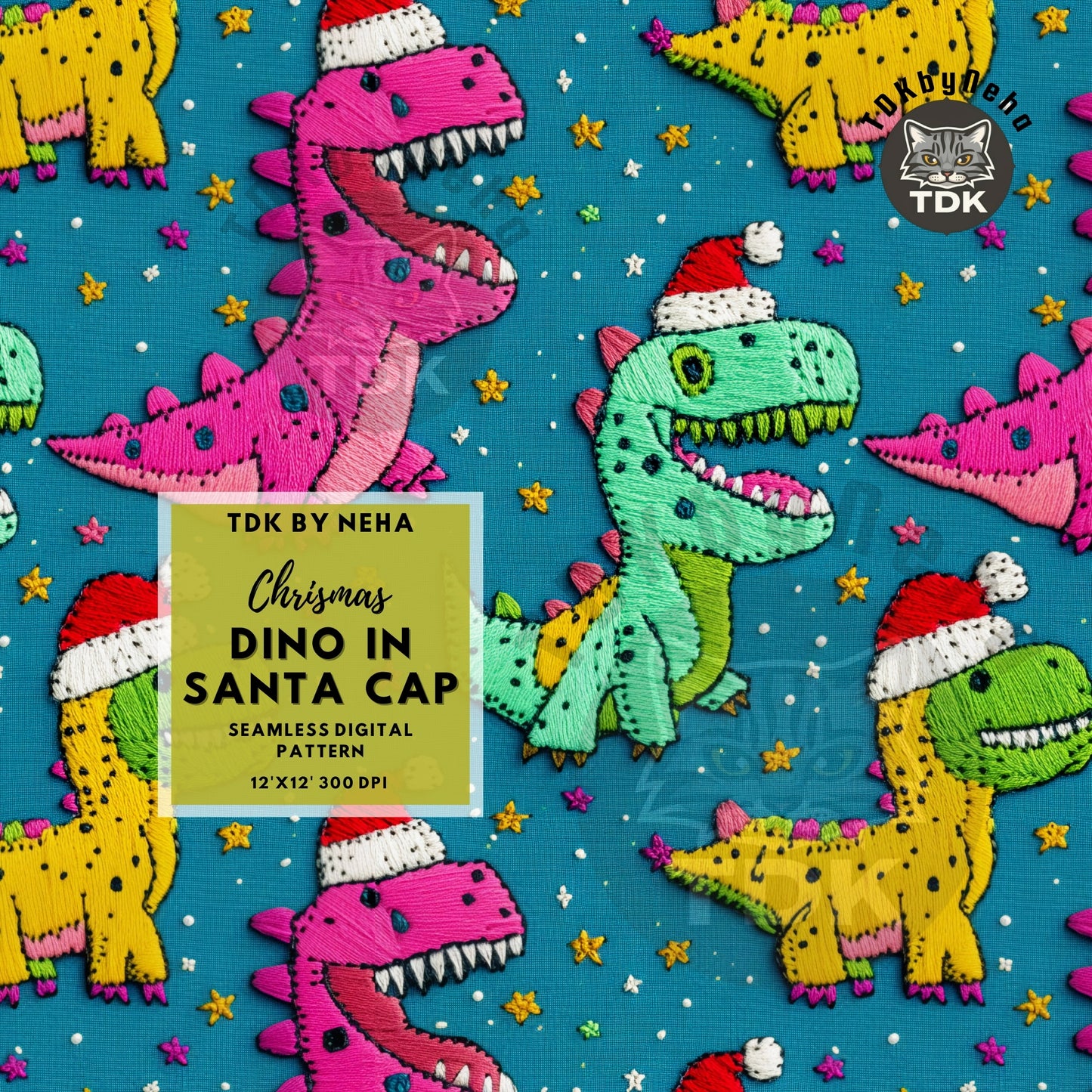 Neon Christmas Cute Santa Trex  Dinosaur Seamless JPG