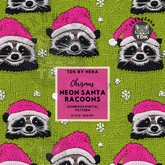 Neon Christmas Cute Santa Racoons Seamless JPG