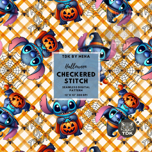 Instant Download Halloween Trick or Treat Stitch Seamless Pattern for Sublimation (Checkered)