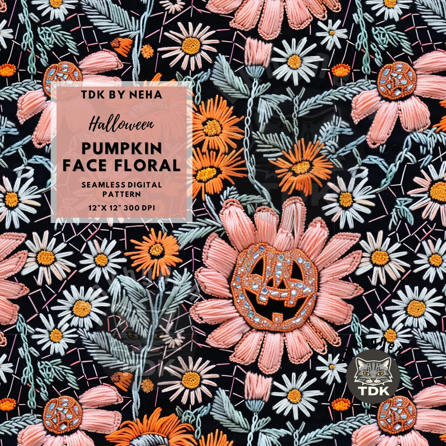 Halloween Fall Pumpkin Face Floral Seamless JPG