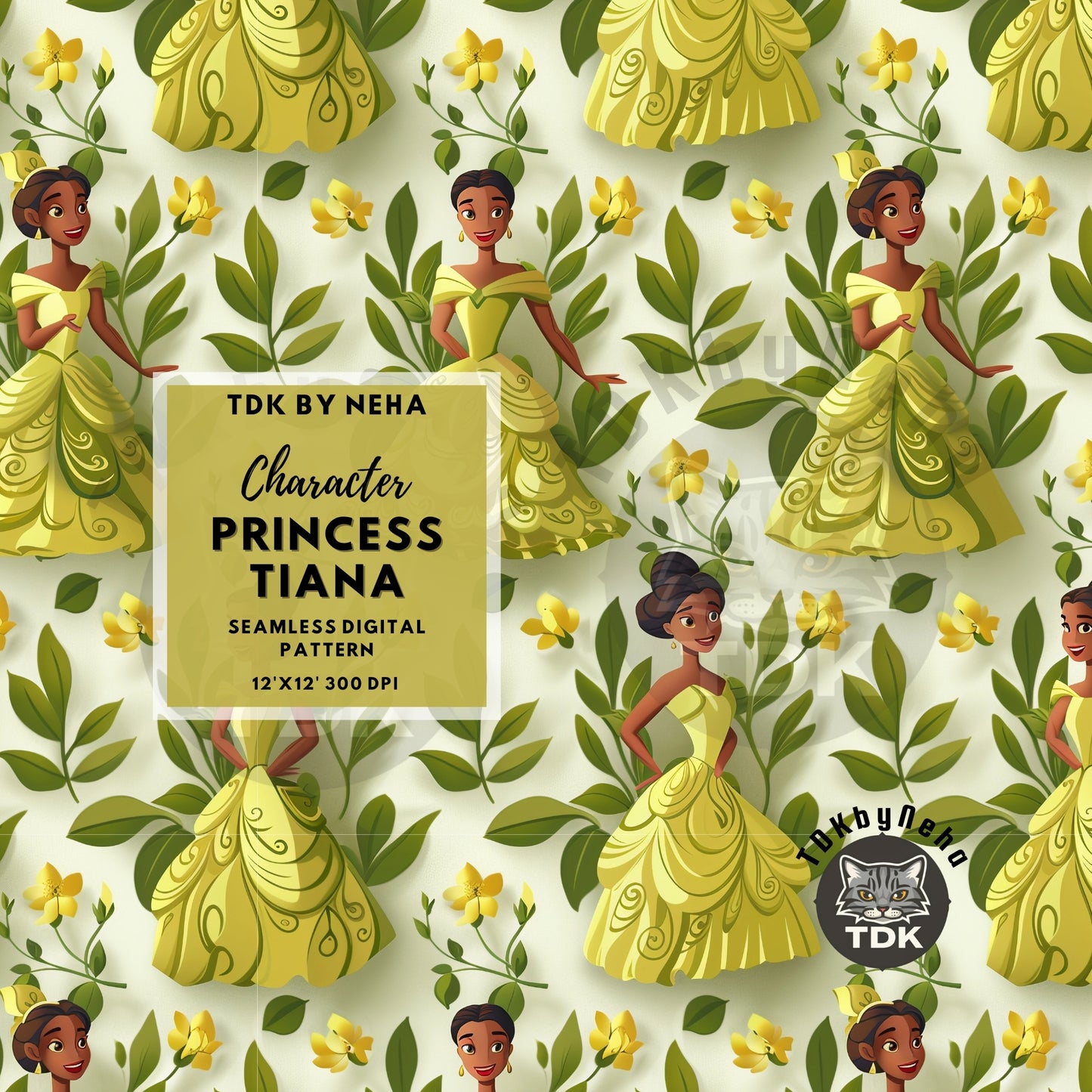 Instant Download 3D Floral Princess Tiana Seamless Digital Paper for Fabric Printing, Cute Cartoon Character Seamless Repeat Sublimation Design