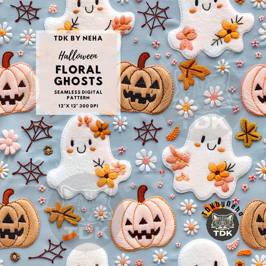 Halloween Pastel Floral Ghosties Seamless JPG