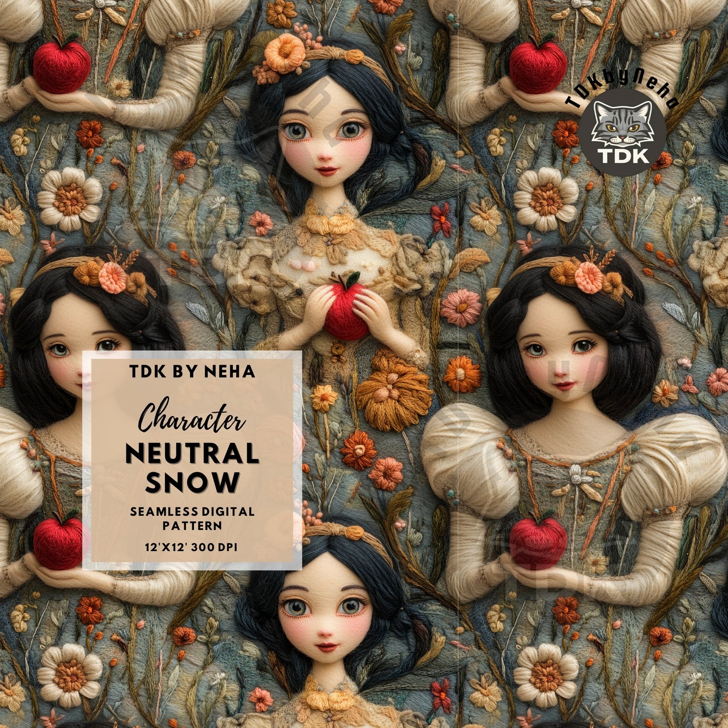 Website Exclusive - 3D Floral Snowy White Princess with Apple Seamless Design