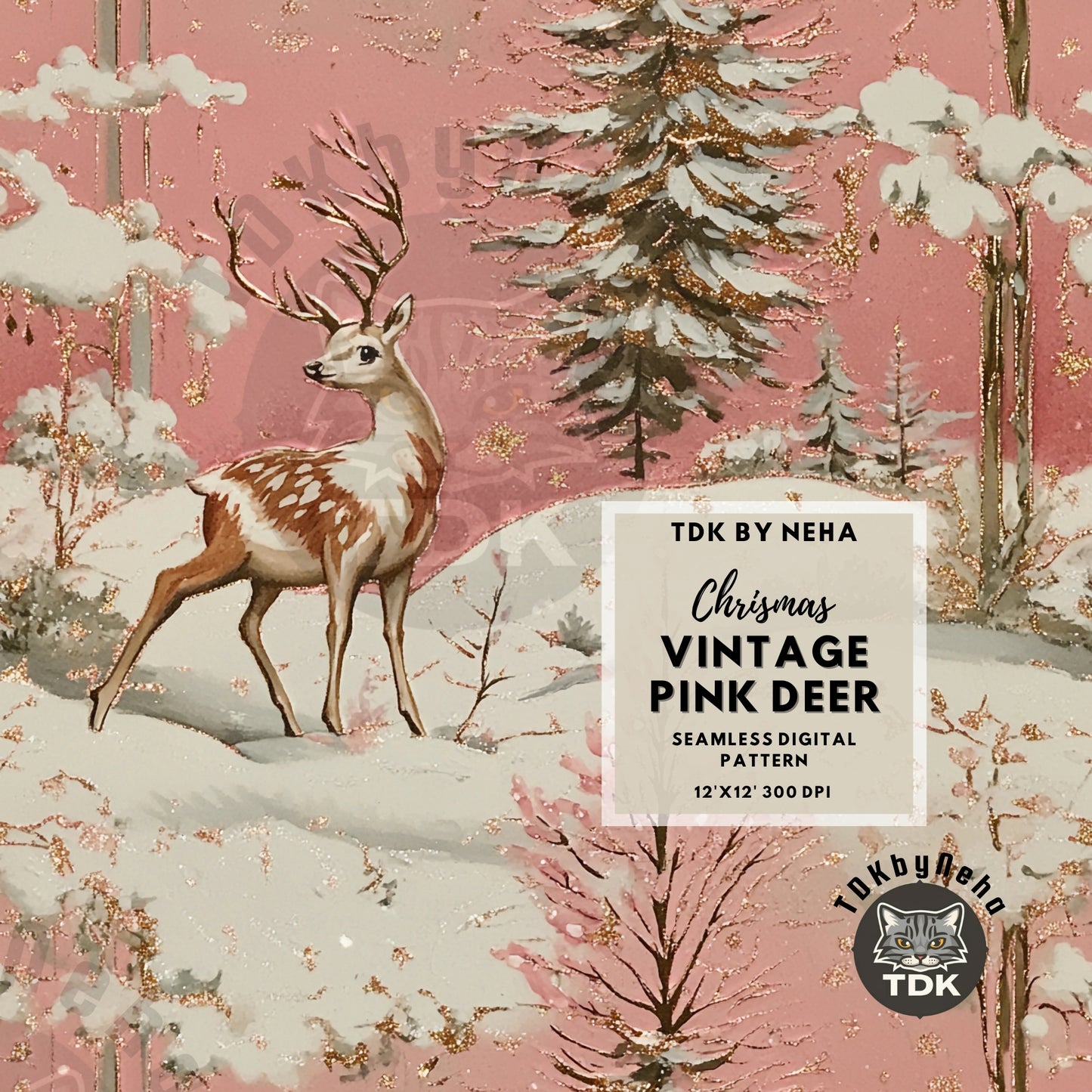 Vintage Pink Christmas Reindeer Seamless JPG