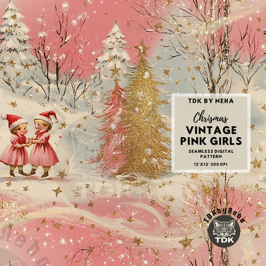 Vintage Pink Christmas Little Santa Girls Seamless JPG