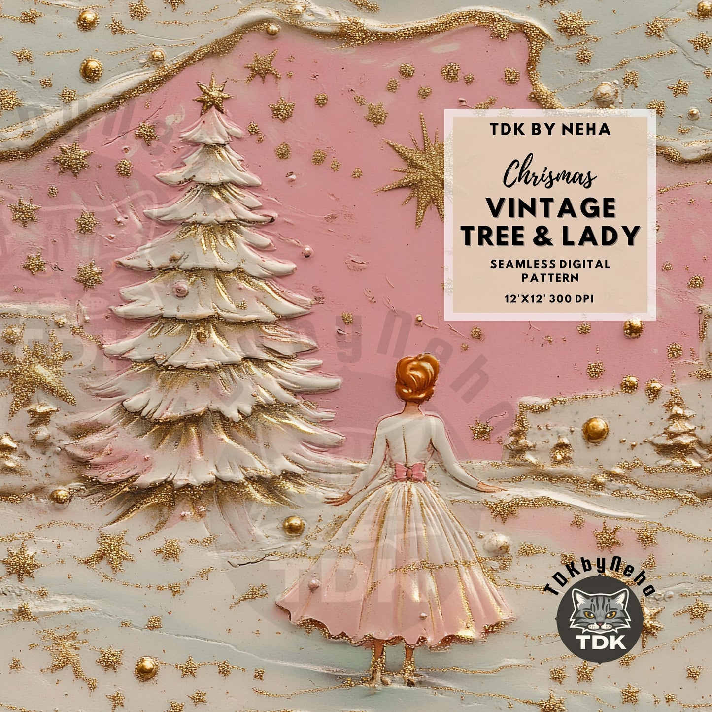 Vintage Pink Christmas Tree and Lady Seamless JPG