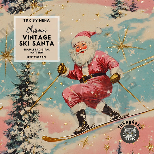 Vintage Pink Christmas Skiing Santa Seamless JPG