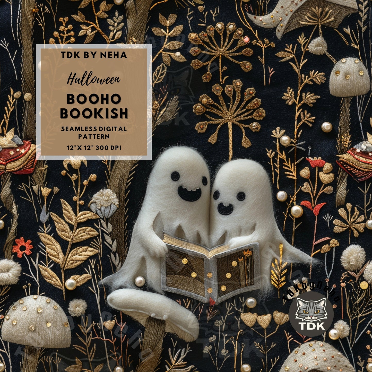 Halloween Bookish Ghost Friends Seamless JPG