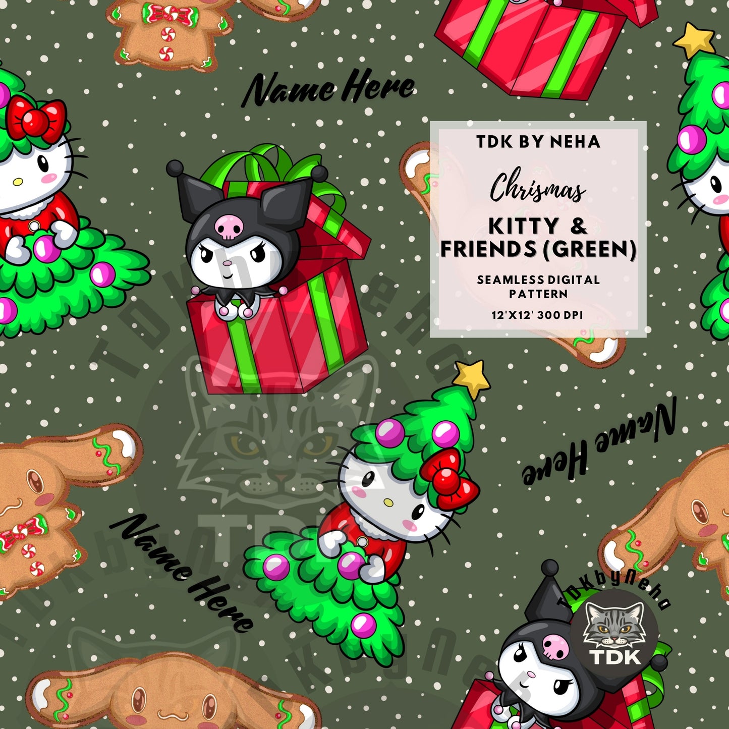 Website Exclusive - Christmas Kitty and Friends Seamless JPG (Green) (Edit Name)