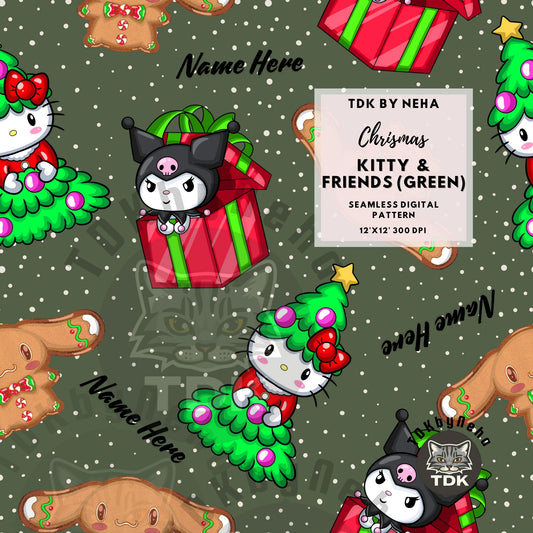 Website Exclusive - Christmas Kitty and Friends Seamless JPG (Green) (Edit Name)