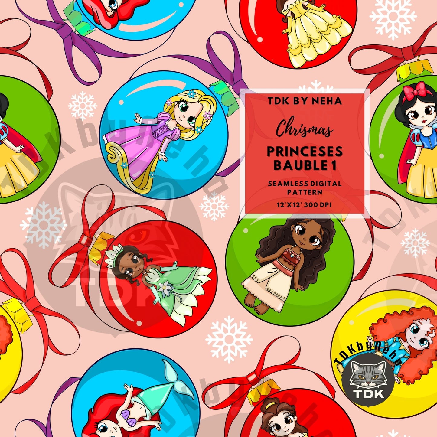 WEBSITE EXCLUSIVE - Christmas Princesses Bow Baubles Seamless Pattern (Light Pink)