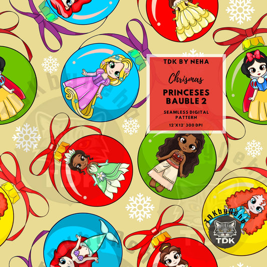 WEBSITE EXCLUSIVE - Christmas Princesses Bow Baubles Seamless Pattern (Light yellow)