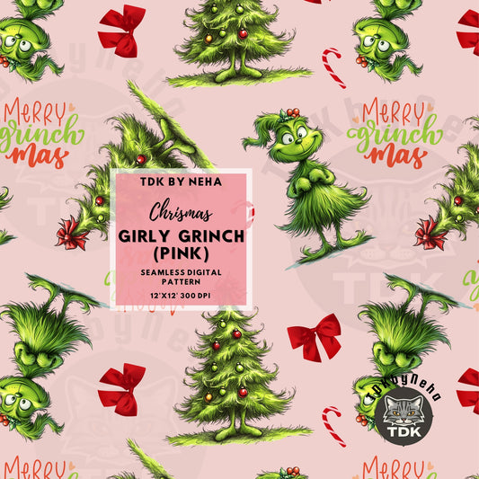 Website Exclusive Girly Green with Coquette Bow Christmas Tree Seamless JPG (Pink)