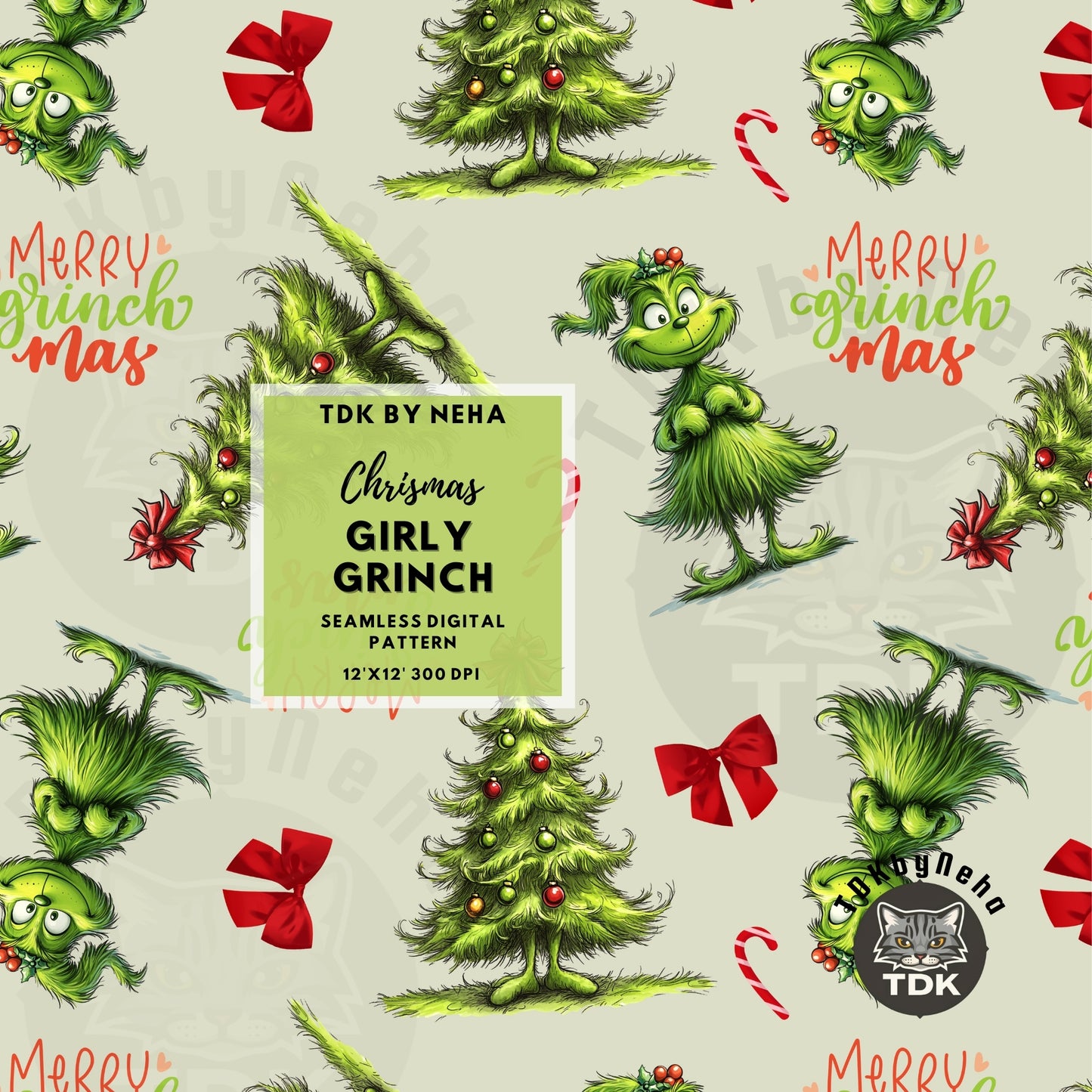 Website Exclusive Girly Green with Coquette Bow Christmas Tree Seamless JPG