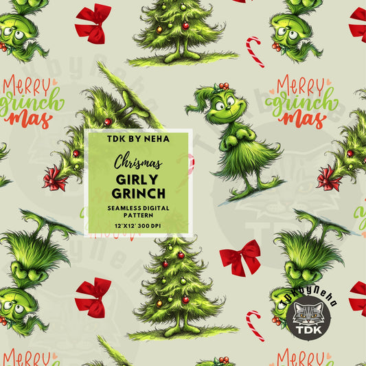 Website Exclusive Girly Green with Coquette Bow Christmas Tree Seamless JPG