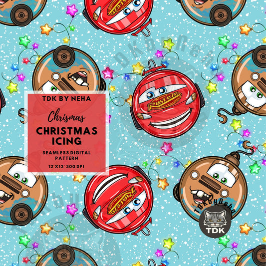 WEBSITE EXCLUSIVE - Christmas Cars Baubles Seamless Pattern (Blue)