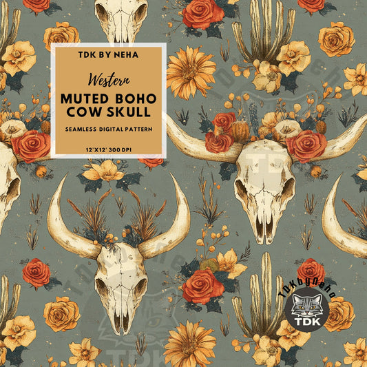 Boho Muted Western Floral Cow skull Seamless JPG