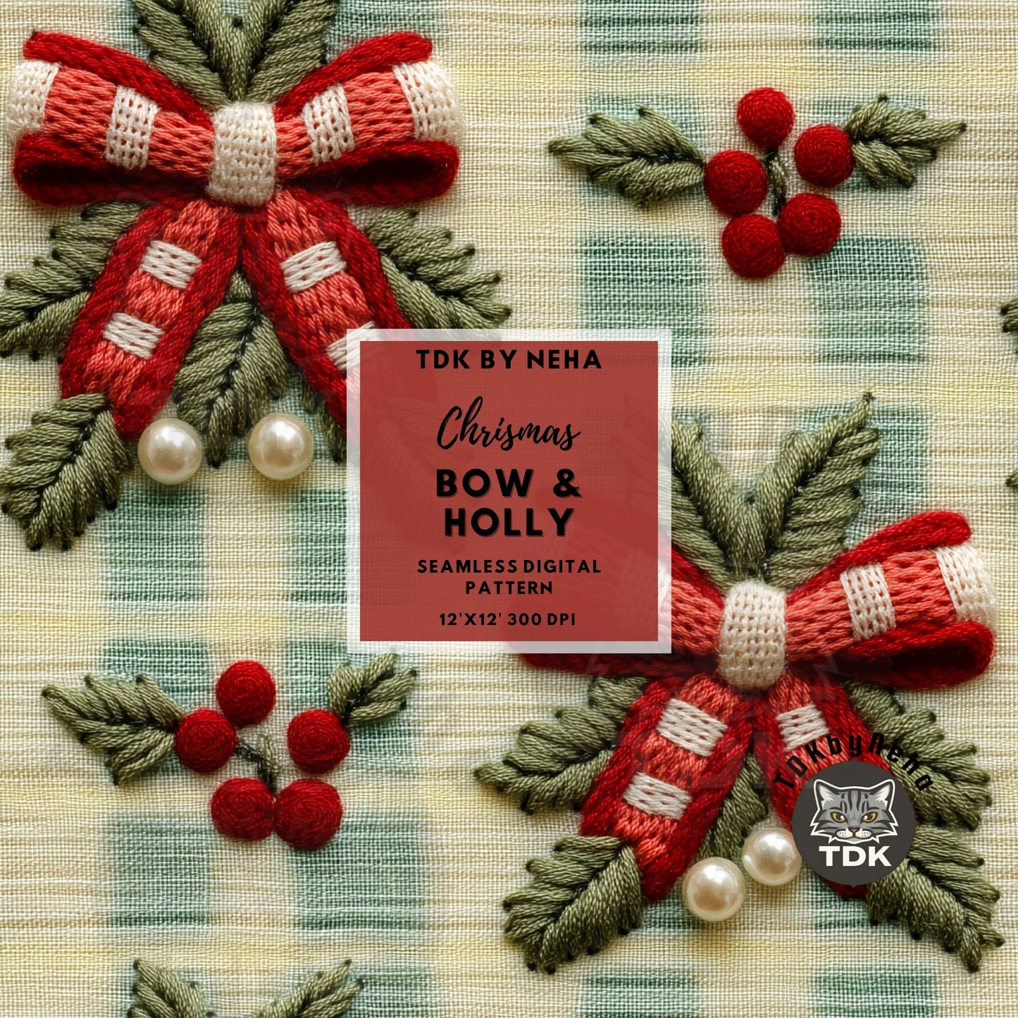 Christmas Coquette Bow and Holly Seamless