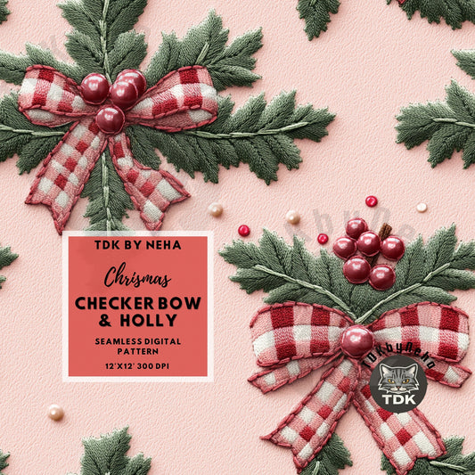 Christmas Checkered Red Coquette Bow and Holly Seamless