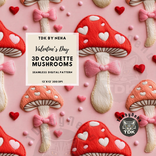 Heart Mushrooms with Coquette Bow Seamless JPG