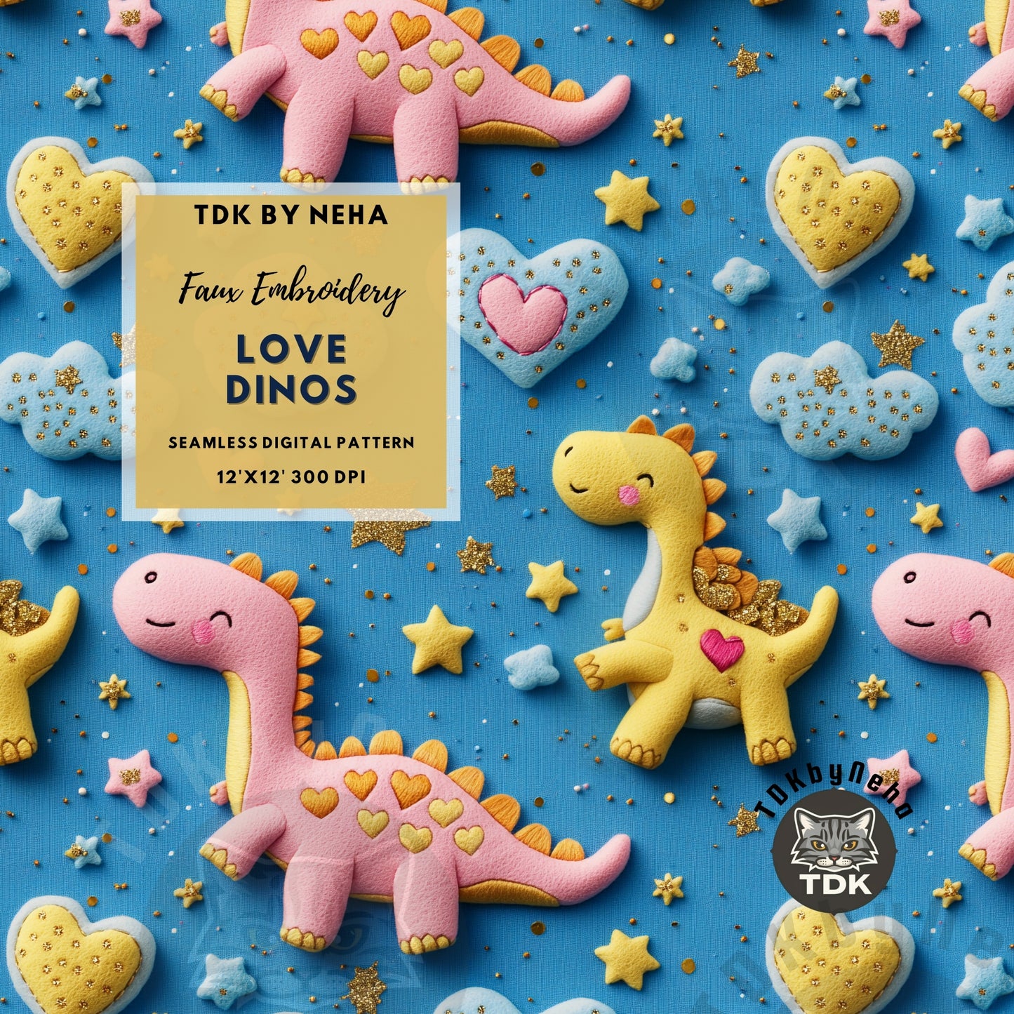 3D Cute Dinosaurs and Heart Seamless JPG