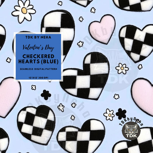 Checkered Retro Hearts Blue Seamless JPG