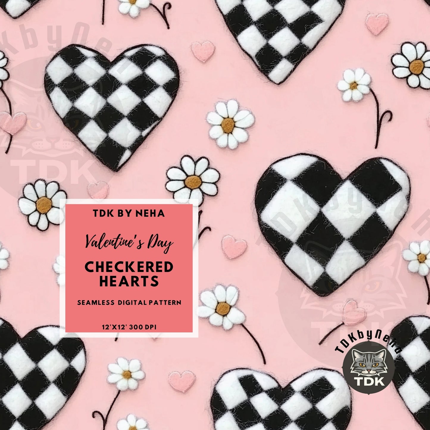 Checkered Retro Hearts and Daisy Pink Seamless JPG