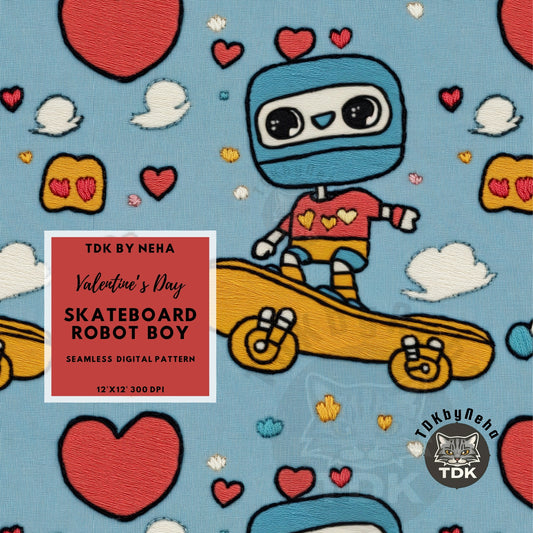 Boy Valentines Skateboard Robot Seamless JPG