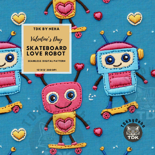 Cute Valentines Skateboard Robot Seamless JPG