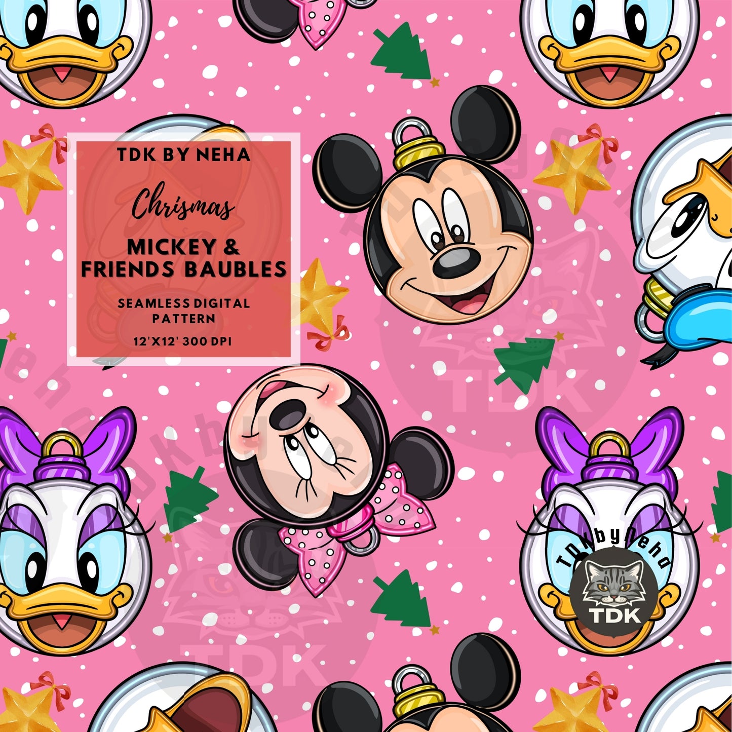 WEBSITE EXCLUSIVE - Christmas Mouse and Friends Baubles Seamless Pattern (Pink)