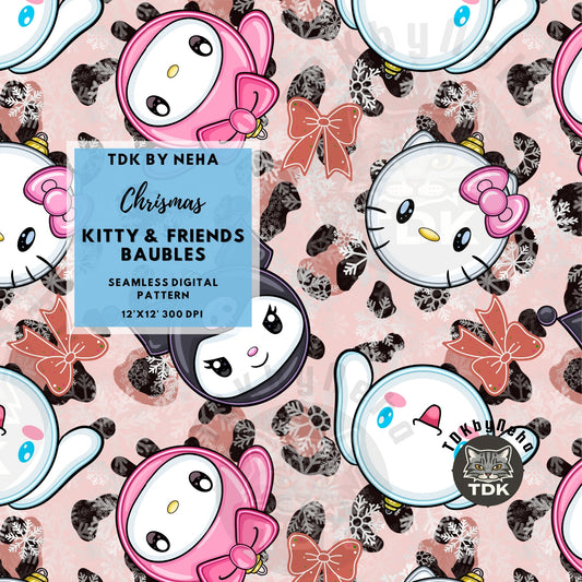 WEBSITE EXCLUSIVE - Christmas Kitty and Friends Baubles Seamless Pattern (L Pink leopard spots)