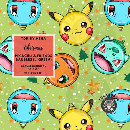 WEBSITE EXCLUSIVE - Christmas Pika and Friends Baubles Seamless Pattern ( L Green)