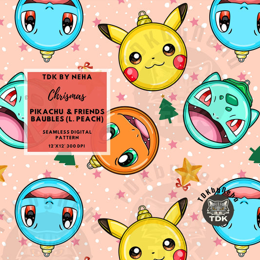 WEBSITE EXCLUSIVE - Christmas Pika and Friends Baubles Seamless Pattern ( L Peach)