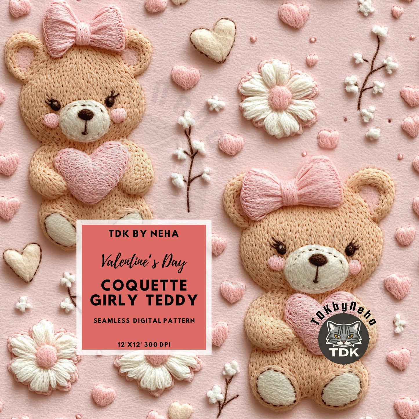 Cute Coquette Bow Girly Teddy Bears with Heart Seamless JPG