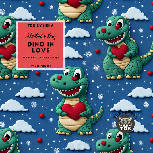 3D Cute T Rex Dinosaur in Love with Heart Seamless JPG